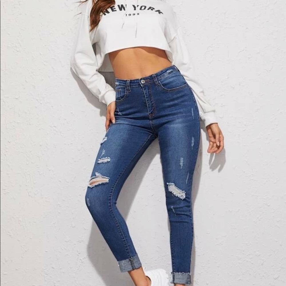 High Waisted Cropped Distressed Jeans